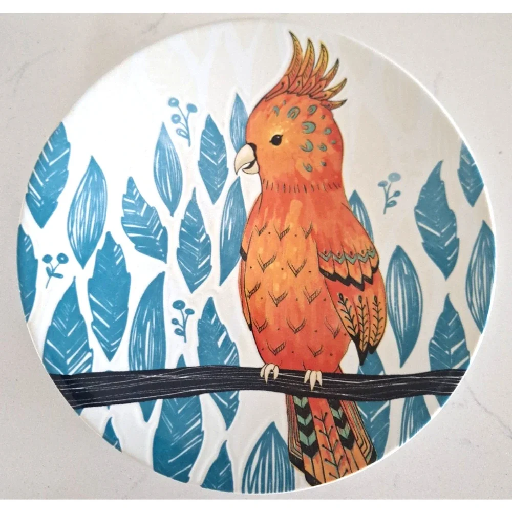 Pier 1 Tropical Birds 8” Salad Plates Set of 4 Colorful Stoneware Resort Style